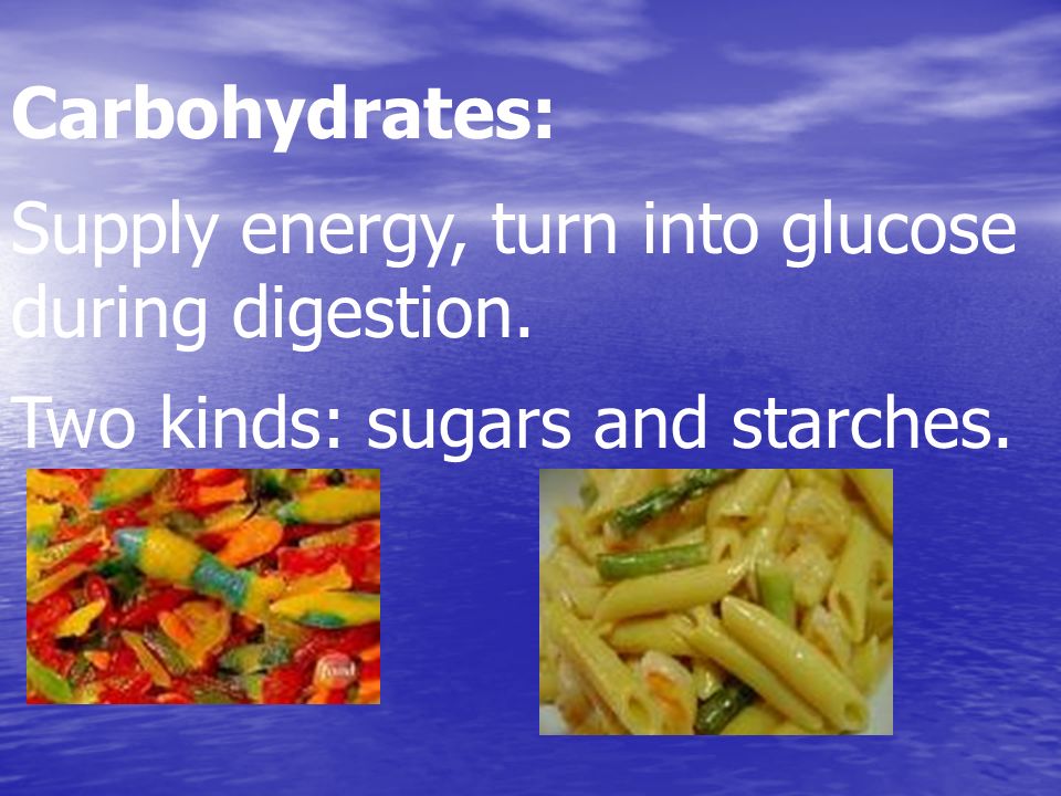 Carbohydrates: Supply energy, turn into glucose during digestion. Two kinds: sugars and starches.
