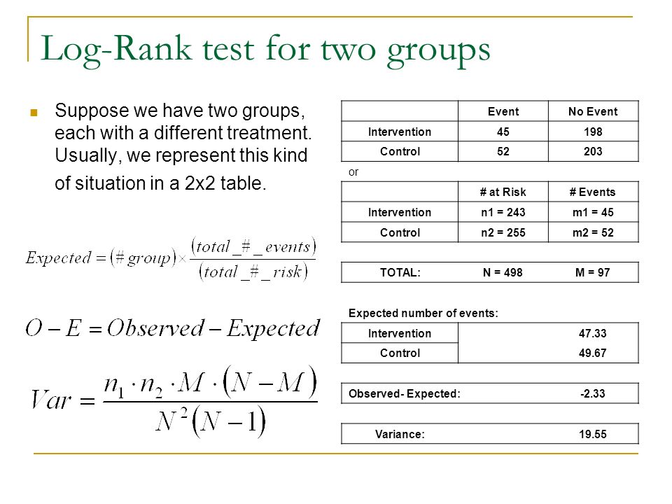 Log-Rank test for two groups Suppose we have two groups, each with a different treatment.