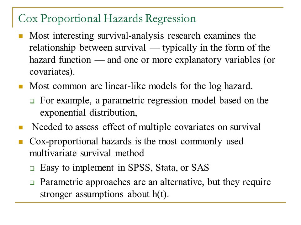 Cox Proportional Hazards Regression Most interesting survival-analysis research examines the relationship between survival — typically in the form of the hazard function — and one or more explanatory variables (or covariates).