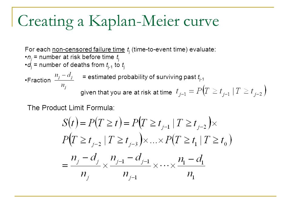 Creating a Kaplan-Meier curve For each non-censored failure time t j (time-to-event time) evaluate: n j = number at risk before time t j d j = number of deaths from t j-1 to t j Fraction = estimated probability of surviving past t j-1 given that you are at risk at time The Product Limit Formula: