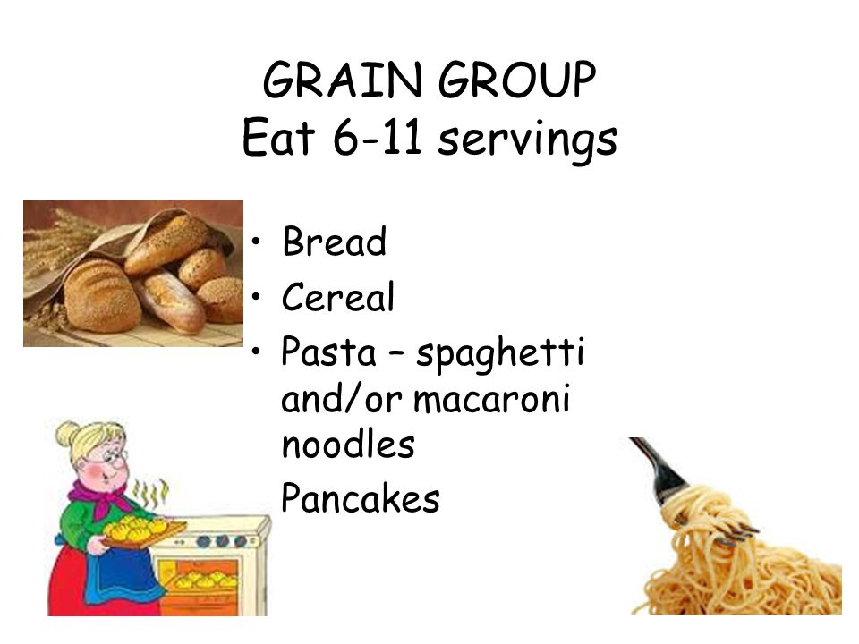 GRAIN GROUP Eat 6-11 servings Bread Cereal Pasta – spaghetti and/or macaroni noodles Pancakes