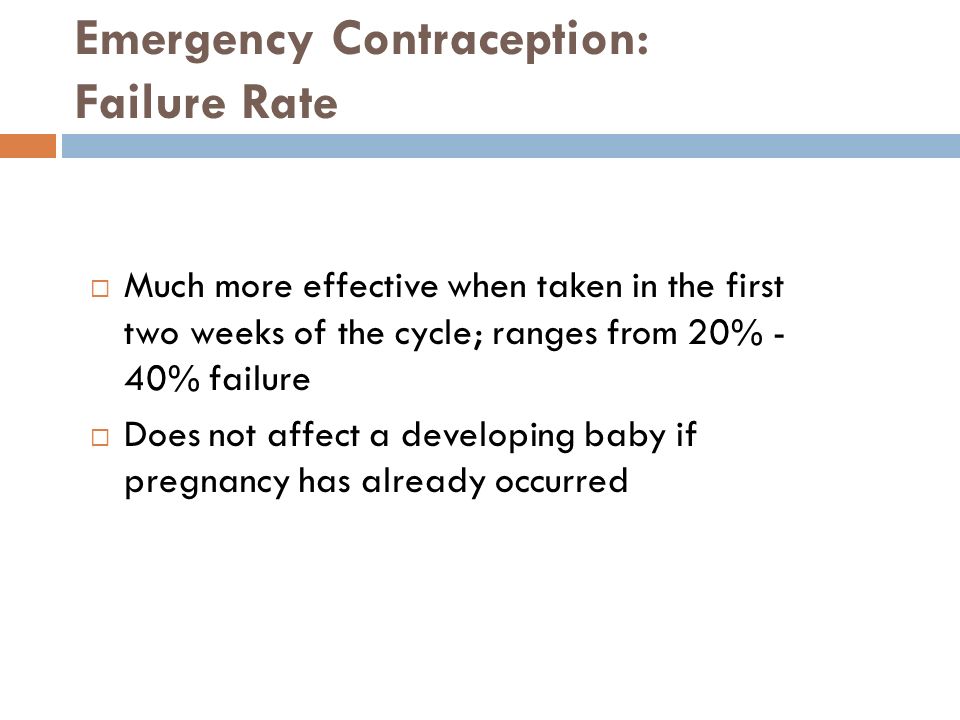 Emergency Contraception: Failure Rate  Much more effective when taken in the first two weeks of the cycle; ranges from 20% - 40% failure  Does not affect a developing baby if pregnancy has already occurred
