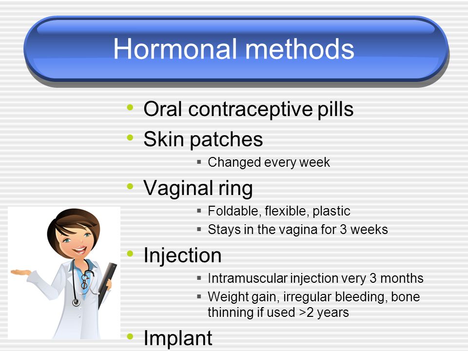 Hormonal methods Oral contraceptive pills Skin patches  Changed every week Vaginal ring  Foldable, flexible, plastic  Stays in the vagina for 3 weeks Injection  Intramuscular injection very 3 months  Weight gain, irregular bleeding, bone thinning if used >2 years Implant