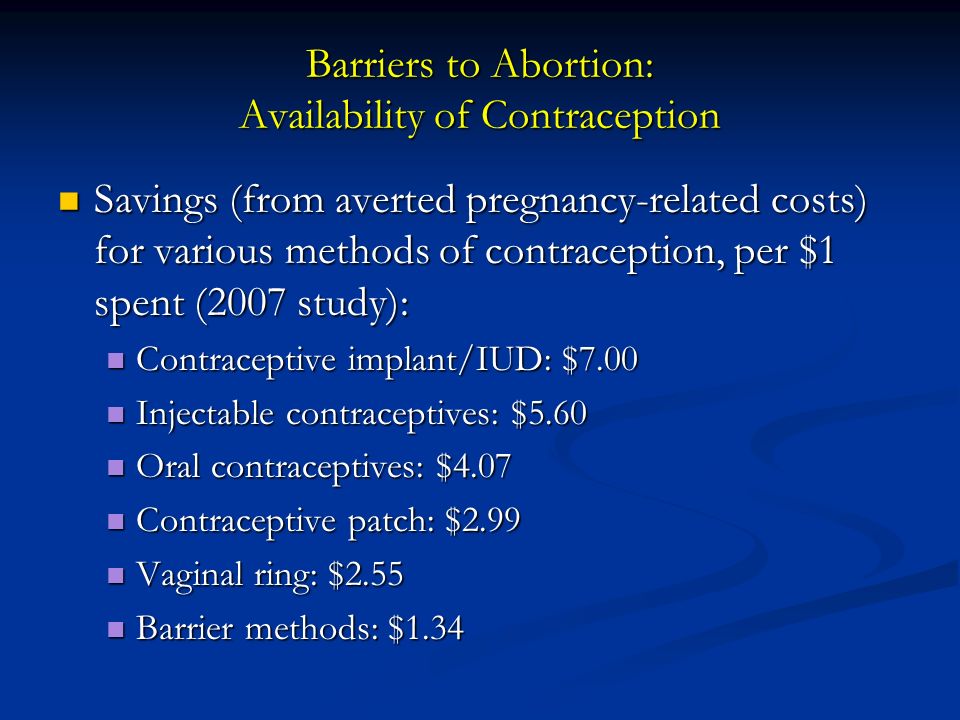 Barriers to Abortion: Availability of Contraception Savings (from averted pregnancy-related costs) for various methods of contraception, per $1 spent (2007 study): Savings (from averted pregnancy-related costs) for various methods of contraception, per $1 spent (2007 study): Contraceptive implant/IUD: $7.00 Contraceptive implant/IUD: $7.00 Injectable contraceptives: $5.60 Injectable contraceptives: $5.60 Oral contraceptives: $4.07 Oral contraceptives: $4.07 Contraceptive patch: $2.99 Contraceptive patch: $2.99 Vaginal ring: $2.55 Vaginal ring: $2.55 Barrier methods: $1.34 Barrier methods: $1.34