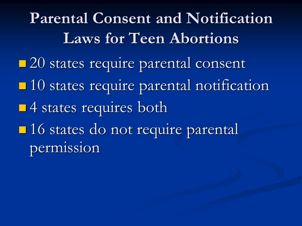 Parental Consent and Notification Laws for Teen Abortions 20 states require parental consent 20 states require parental consent 10 states require parental notification 10 states require parental notification 4 states requires both 4 states requires both 16 states do not require parental permission 16 states do not require parental permission