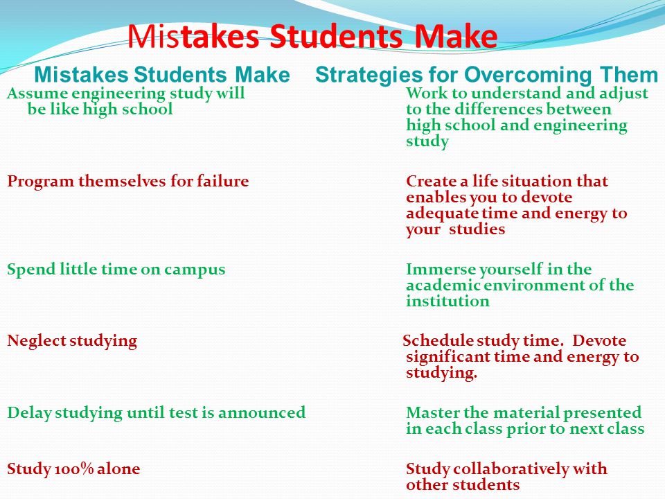 Mistakes Students Make Assume engineering study will Work to understand and adjust be like high school to the differences between high school and engineering study Program themselves for failureCreate a life situation that enables you to devote adequate time and energy to your studies Spend little time on campusImmerse yourself in the academic environment of the institution Neglect studying Schedule study time.