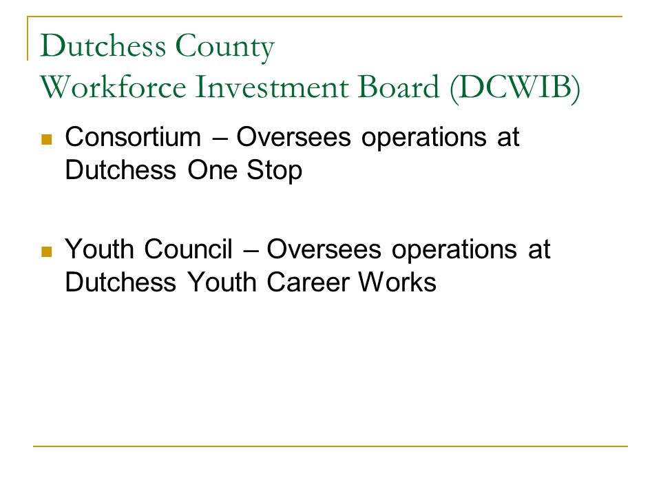 Dutchess County Workforce Investment Board (DCWIB) Consortium – Oversees operations at Dutchess One Stop Youth Council – Oversees operations at Dutchess Youth Career Works