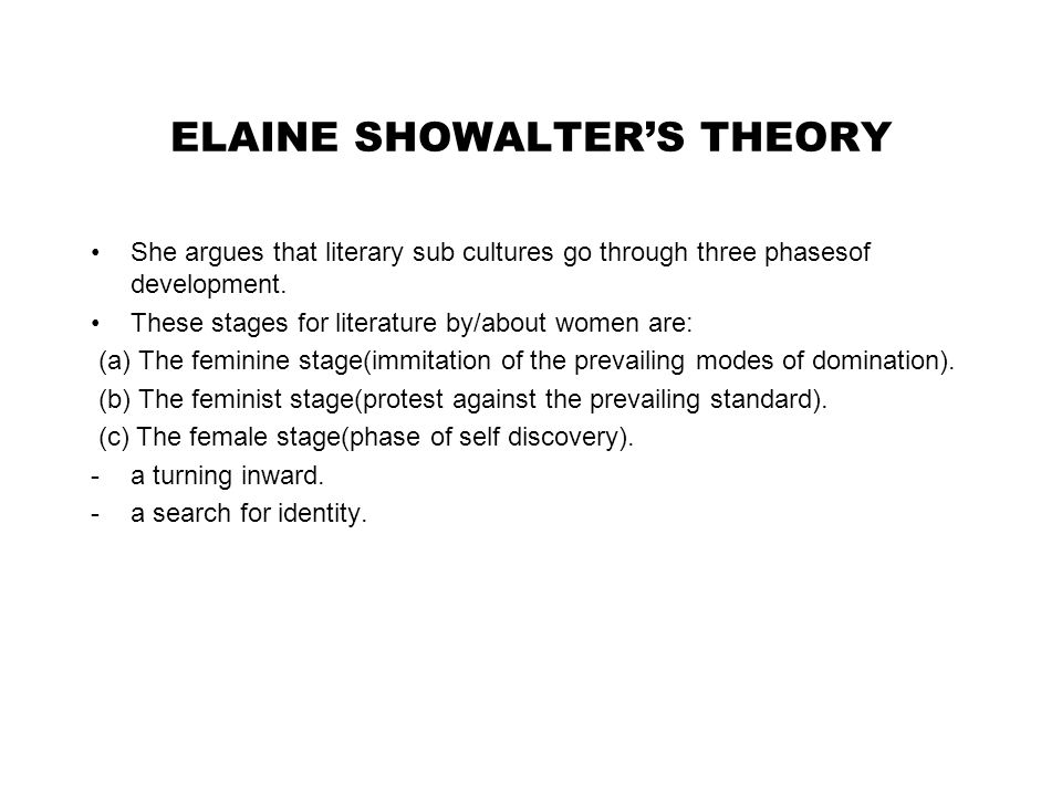 ELAINE SHOWALTER’S THEORY She argues that literary sub cultures go through three phasesof development.