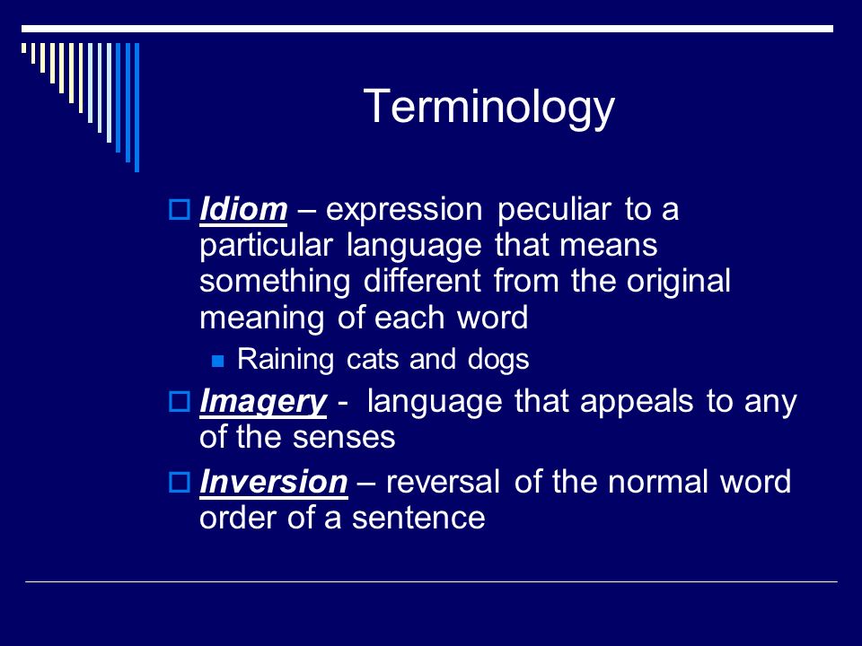 Terminology  Idiom – expression peculiar to a particular language that means something different from the original meaning of each word Raining cats and dogs  Imagery - language that appeals to any of the senses  Inversion – reversal of the normal word order of a sentence