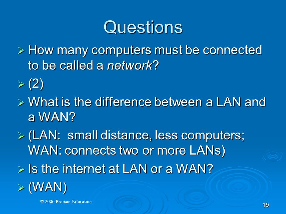 © 2006 Pearson Education 19 Questions  How many computers must be connected to be called a network.