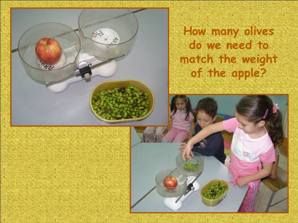 How many olives do we need to match the weight of the apple