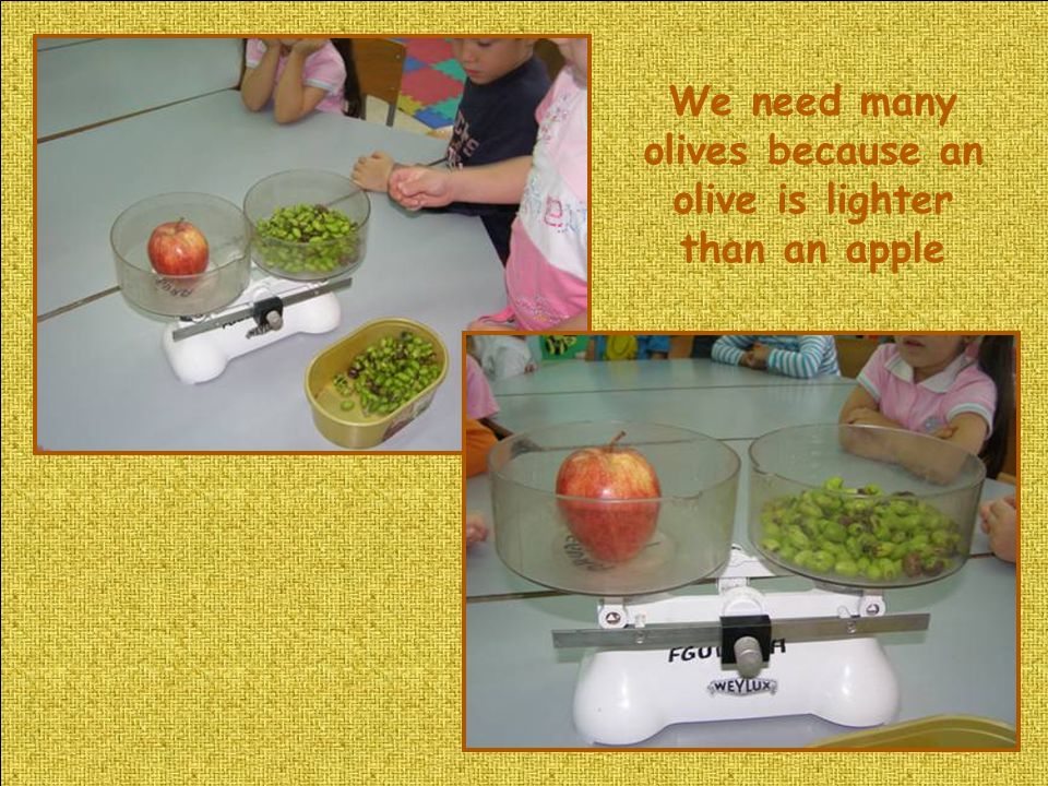 We need many olives because an olive is lighter than an apple