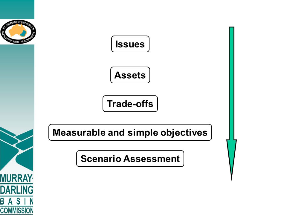Issues Assets Trade-offs Measurable and simple objectives Scenario Assessment
