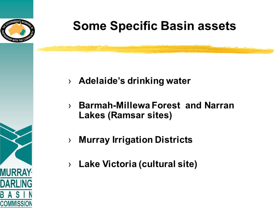 Some Specific Basin assets ›Adelaide’s drinking water ›Barmah-Millewa Forest and Narran Lakes (Ramsar sites) ›Murray Irrigation Districts ›Lake Victoria (cultural site)