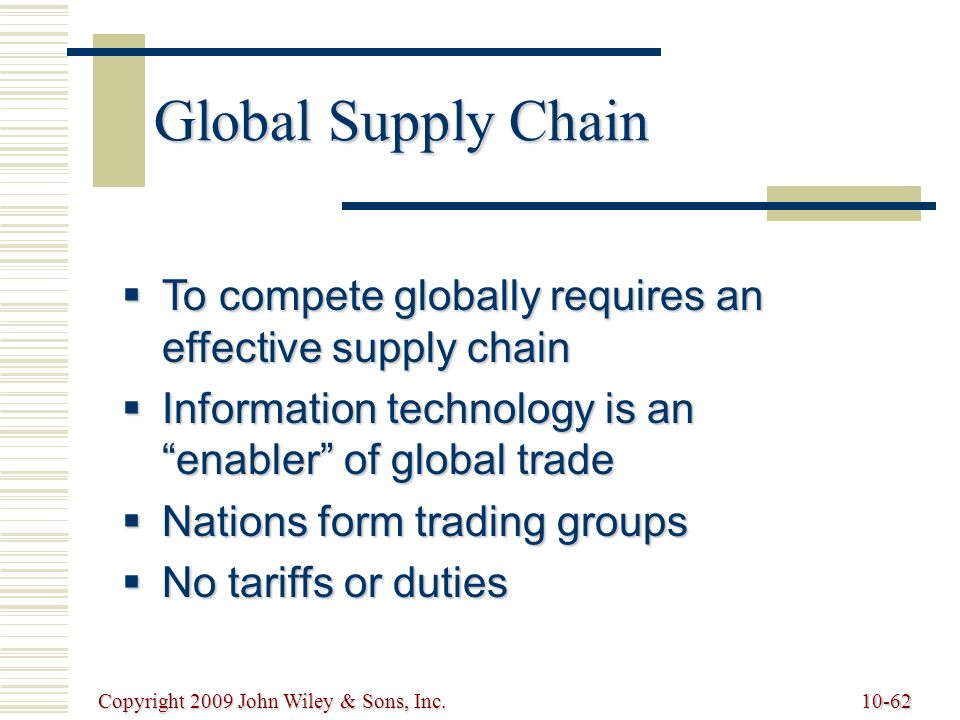 Copyright 2009 John Wiley & Sons, Inc Global Supply Chain  To compete globally requires an effective supply chain  Information technology is an enabler of global trade  Nations form trading groups  No tariffs or duties