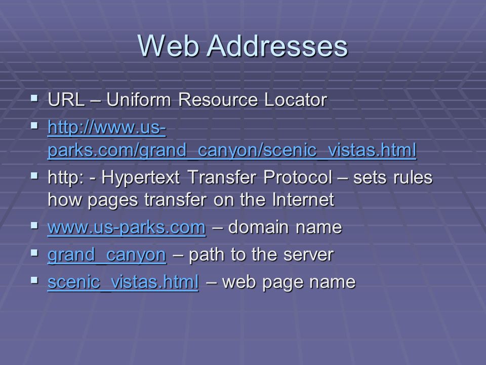 Web Addresses  URL – Uniform Resource Locator    parks.com/grand_canyon/scenic_vistas.html   parks.com/grand_canyon/scenic_vistas.html   parks.com/grand_canyon/scenic_vistas.html  http: - Hypertext Transfer Protocol – sets rules how pages transfer on the Internet    – domain name    grand_canyon – path to the server grand_canyon  scenic_vistas.html – web page name scenic_vistas.html