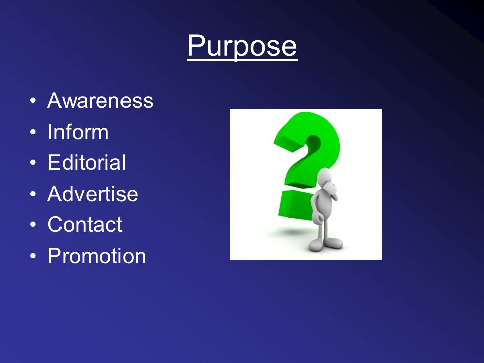 Purpose Awareness Inform Editorial Advertise Contact Promotion