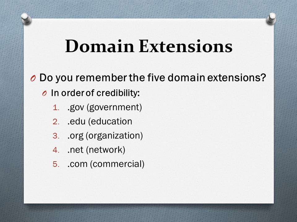 Domain Extensions O Do you remember the five domain extensions.