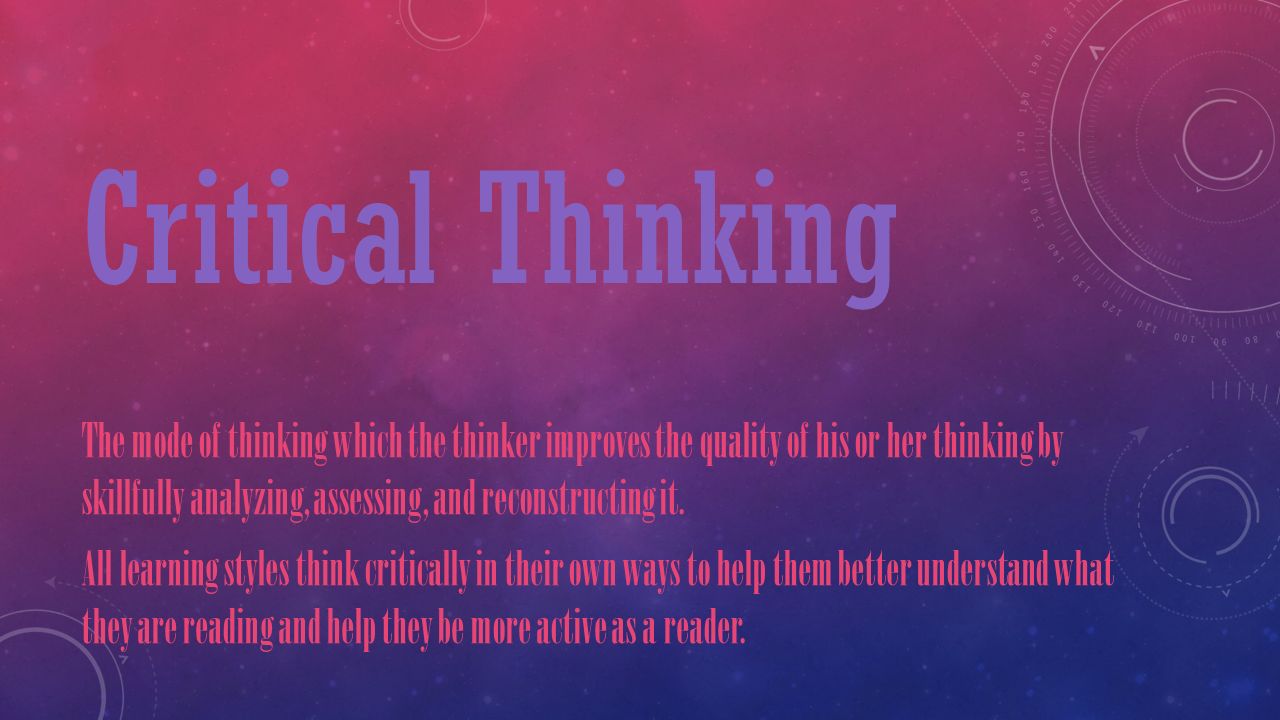 Critical Thinking The mode of thinking which the thinker improves the quality of his or her thinking by skillfully analyzing, assessing, and reconstructing it.
