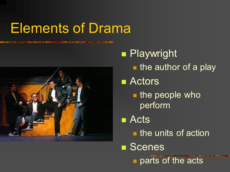 Elements of Drama Playwright the author of a play Actors the people who perform Acts the units of action Scenes parts of the acts