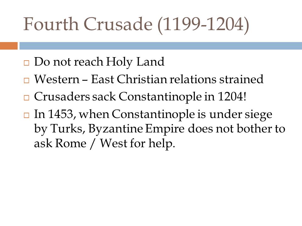 Third Crusade ( )  King Richard of England and Saladin fight several battles, eventually convinces Turks to allow Christians to visit the Holy Land Well known in Literature, due to Robin Hood