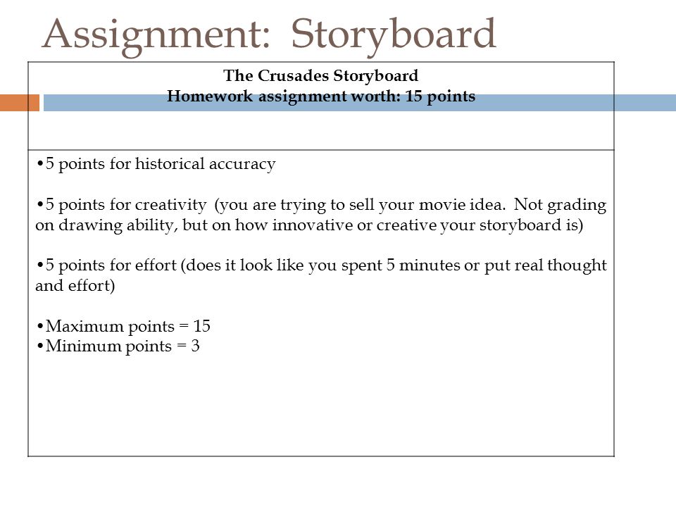 Assignment: Crusades Storyboard  Focus on the Military aspect of the crusades  However, you must include in the first storyboard:  The causes of the crusades  And the last storyboard must focus on:  The impact of the crusades on current West and Middle East relations.