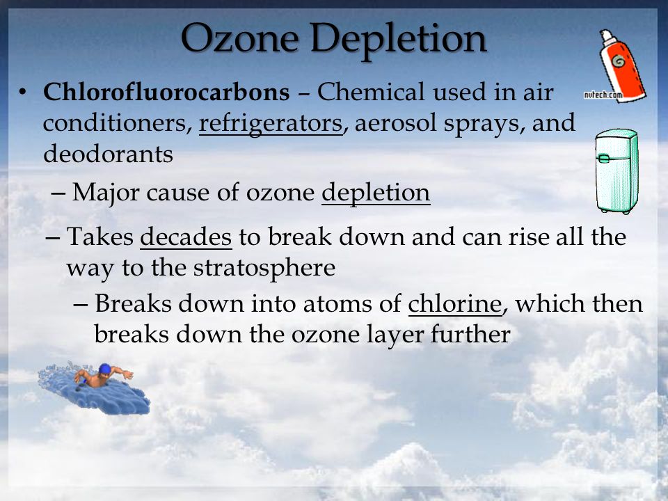 Ozone Depletion Chlorofluorocarbons – Chemical used in air conditioners, refrigerators, aerosol sprays, and deodorants – Major cause of ozone depletion – Takes decades to break down and can rise all the way to the stratosphere – Breaks down into atoms of chlorine, which then breaks down the ozone layer further