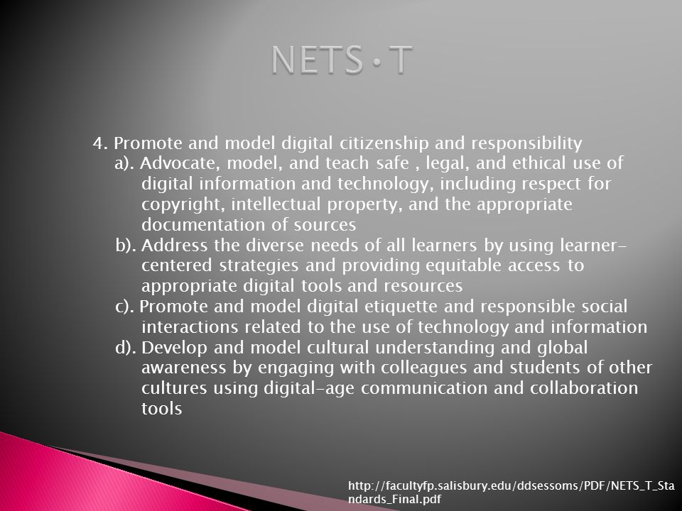 4. Promote and model digital citizenship and responsibility a).