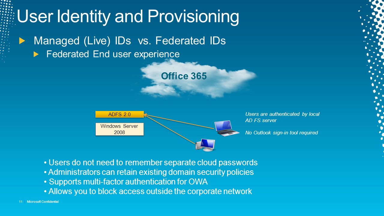 Users do not need to remember separate cloud passwords Administrators can retain existing domain security policies Supports multi-factor authentication for OWA Allows you to block access outside the corporate network Windows Server 2008 Users are authenticated by local AD FS server No Outlook sign-in tool required ADFS 2.0 Office | Microsoft Confidential