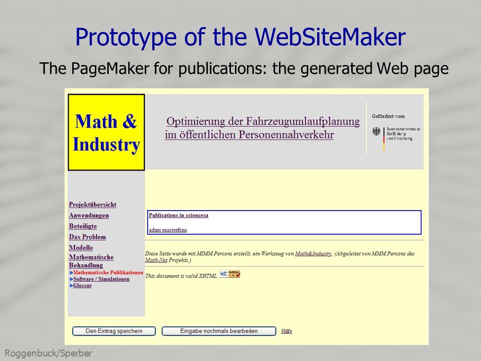 Roggenbuck/Sperber Prototype of the WebSiteMaker The PageMaker for publications: the generated Web page
