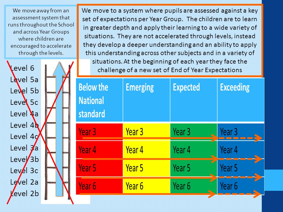 Level 6 Level 5a Level 5b Level 5c Level 4a Level 4b Level 4c Level 3a Level 3b Level 3c Level 2a Level 2b We move away from an assessment system that runs throughout the School and across Year Groups where children are encouraged to accelerate through the levels.