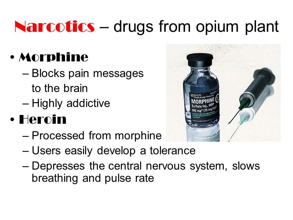 Narcotics – drugs from opium plant Morphine –Blocks pain messages to the brain –Highly addictive Heroin –Processed from morphine –Users easily develop a tolerance –Depresses the central nervous system, slows breathing and pulse rate