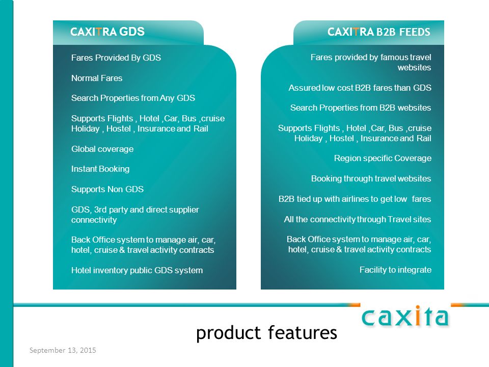 September 13, 2015 product features CAXITRA GDS CAXITRA B2B FEEDS Fares Provided By GDS Normal Fares Search Properties from Any GDS Supports Flights, Hotel,Car, Bus,cruise Holiday, Hostel, Insurance and Rail Global coverage Instant Booking Supports Non GDS GDS, 3rd party and direct supplier connectivity Back Office system to manage air, car, hotel, cruise & travel activity contracts Hotel inventory public GDS system Fares provided by famous travel websites Assured low cost B2B fares than GDS Search Properties from B2B websites Supports Flights, Hotel,Car, Bus,cruise Holiday, Hostel, Insurance and Rail Region specific Coverage Booking through travel websites B2B tied up with airlines to get low fares All the connectivity through Travel sites Back Office system to manage air, car, hotel, cruise & travel activity contracts Facility to integrate