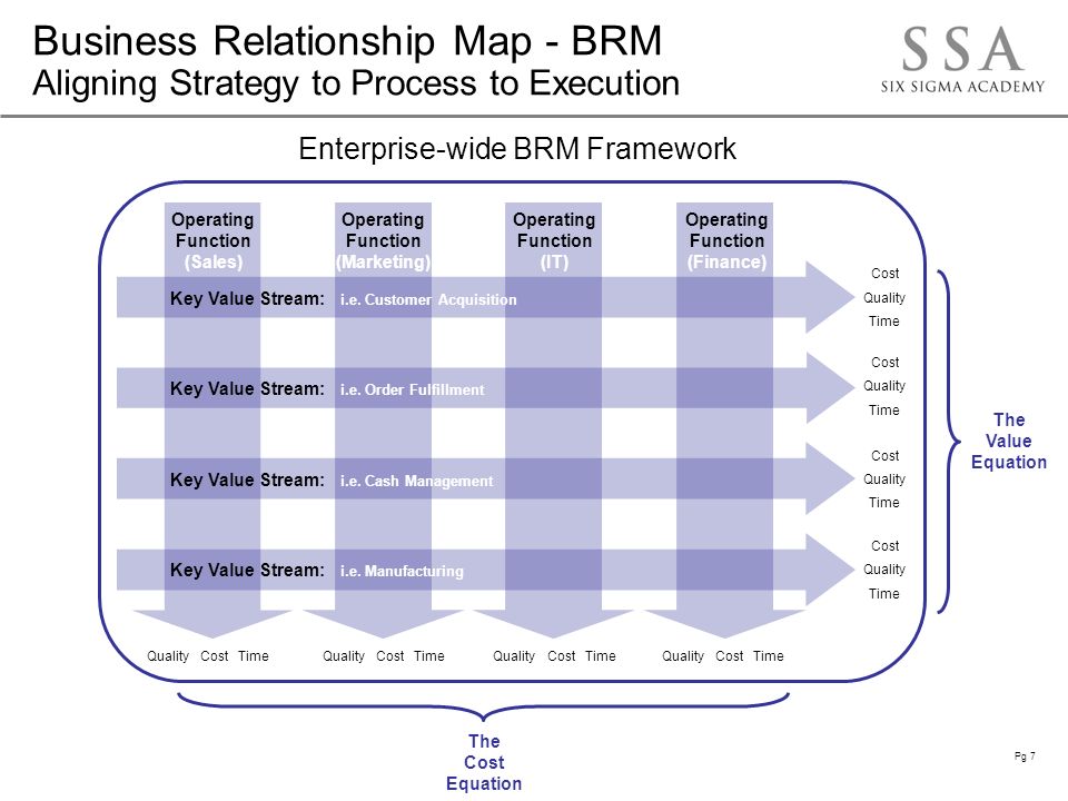 Pg 7 Business Relationship Map - BRM Aligning Strategy to Process to Execution Enterprise-wide BRM Framework Time Quality Cost Time Quality Cost Time Quality Cost Time Quality Cost TimeQualityCostTimeQualityCostTimeQualityCostTimeQualityCost Operating Function (Sales) Operating Function (Marketing) Operating Function (IT) Operating Function (Finance) Key Value Stream: i.e.