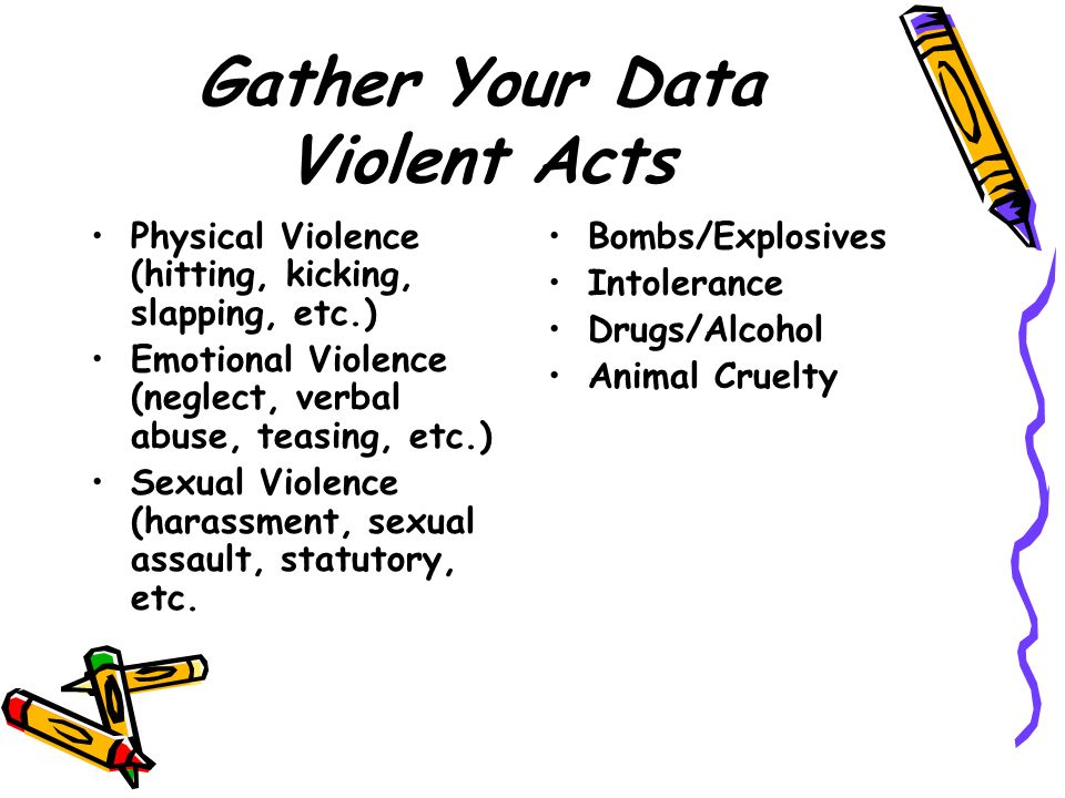 Gather Your Data Violent Acts Physical Violence (hitting, kicking, slapping, etc.) Emotional Violence (neglect, verbal abuse, teasing, etc.) Sexual Violence (harassment, sexual assault, statutory, etc.