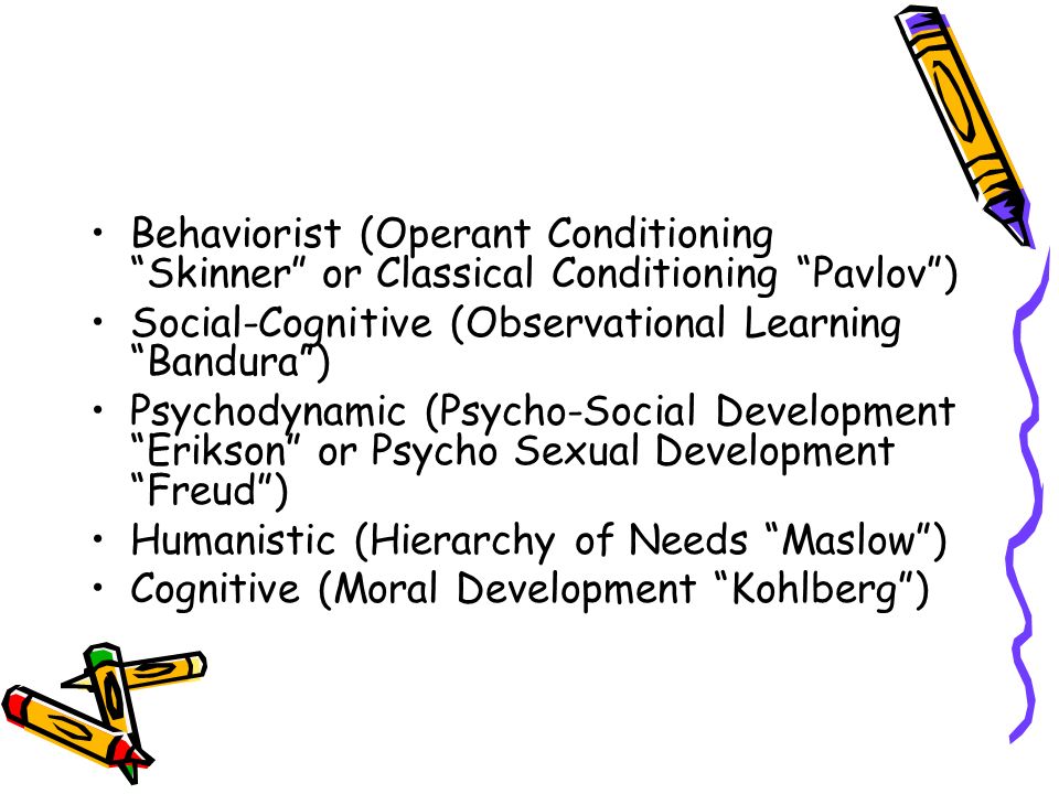Behaviorist (Operant Conditioning Skinner or Classical Conditioning Pavlov ) Social-Cognitive (Observational Learning Bandura ) Psychodynamic (Psycho-Social Development Erikson or Psycho Sexual Development Freud ) Humanistic (Hierarchy of Needs Maslow ) Cognitive (Moral Development Kohlberg )
