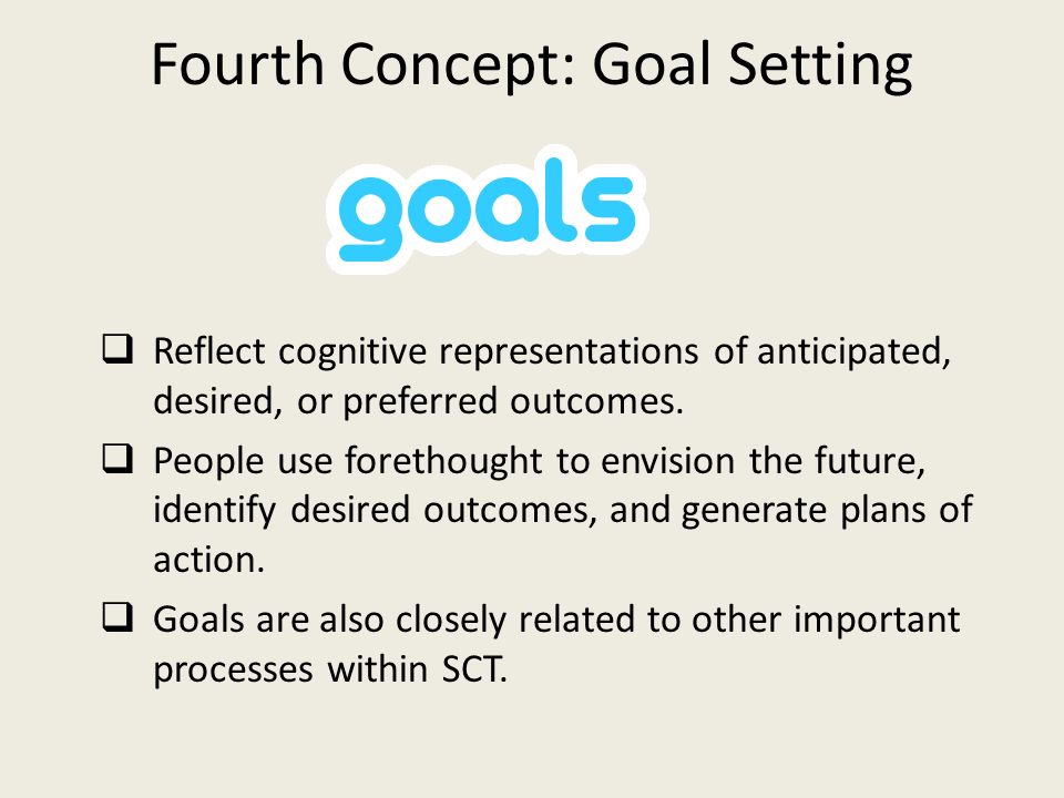 Fourth Concept: Goal Setting  Reflect cognitive representations of anticipated, desired, or preferred outcomes.