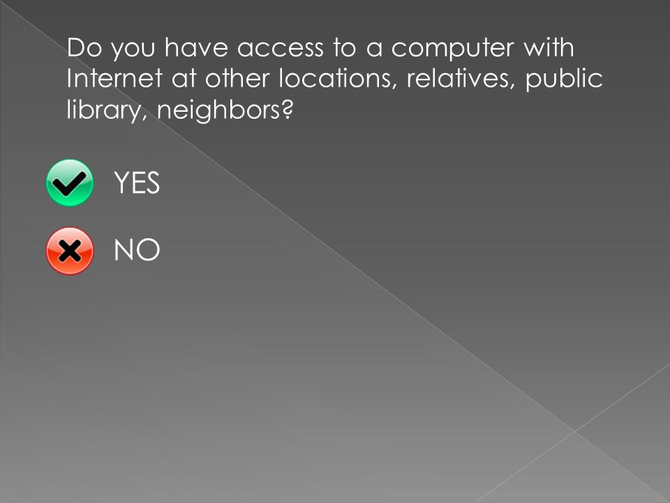 Do you have access to a computer with Internet at other locations, relatives, public library, neighbors.