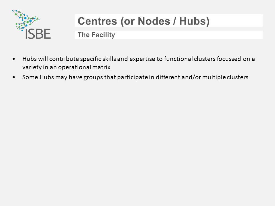Centres (or Nodes / Hubs) The Facility Hubs will contribute specific skills and expertise to functional clusters focussed on a variety in an operational matrix Some Hubs may have groups that participate in different and/or multiple clusters