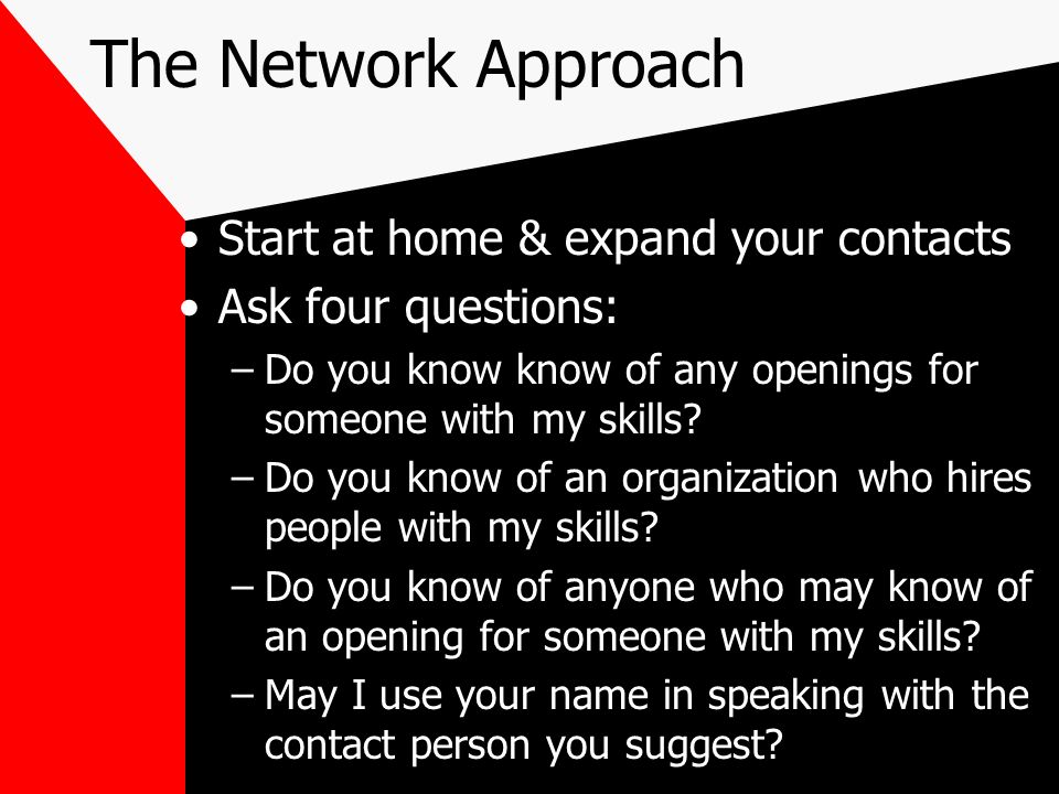 The Network Approach Start at home & expand your contacts Ask four questions: –Do you know know of any openings for someone with my skills.