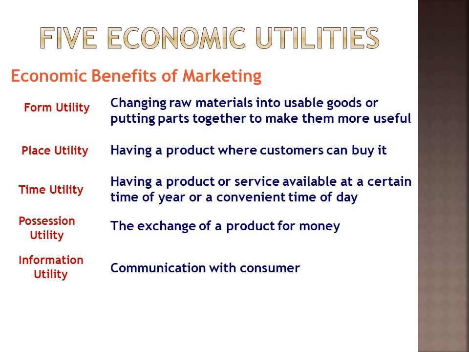 Economic Benefits of Marketing Form Utility Place Utility Time Utility Possession Utility Information Utility Changing raw materials into usable goods or putting parts together to make them more useful Having a product where customers can buy it Having a product or service available at a certain time of year or a convenient time of day The exchange of a product for money Communication with consumer