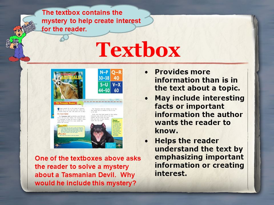 Textbox Provides more information than is in the text about a topic.
