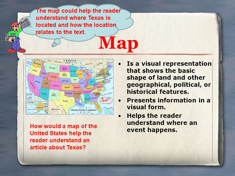 Map Is a visual representation that shows the basic shape of land and other geographical, political, or historical features.