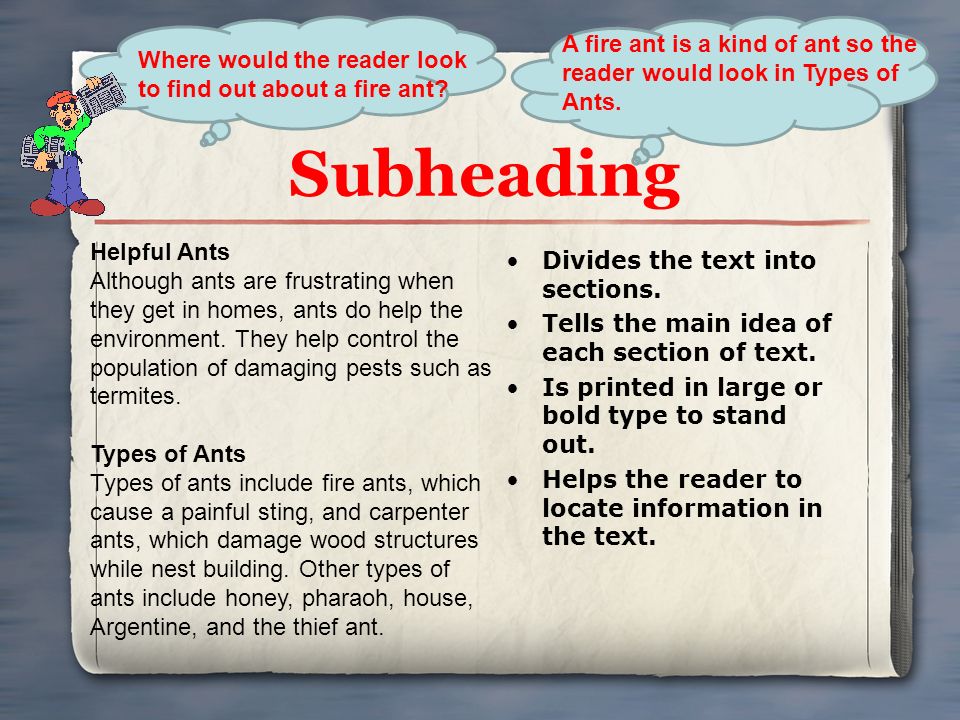 Subheading Divides the text into sections. Tells the main idea of each section of text.