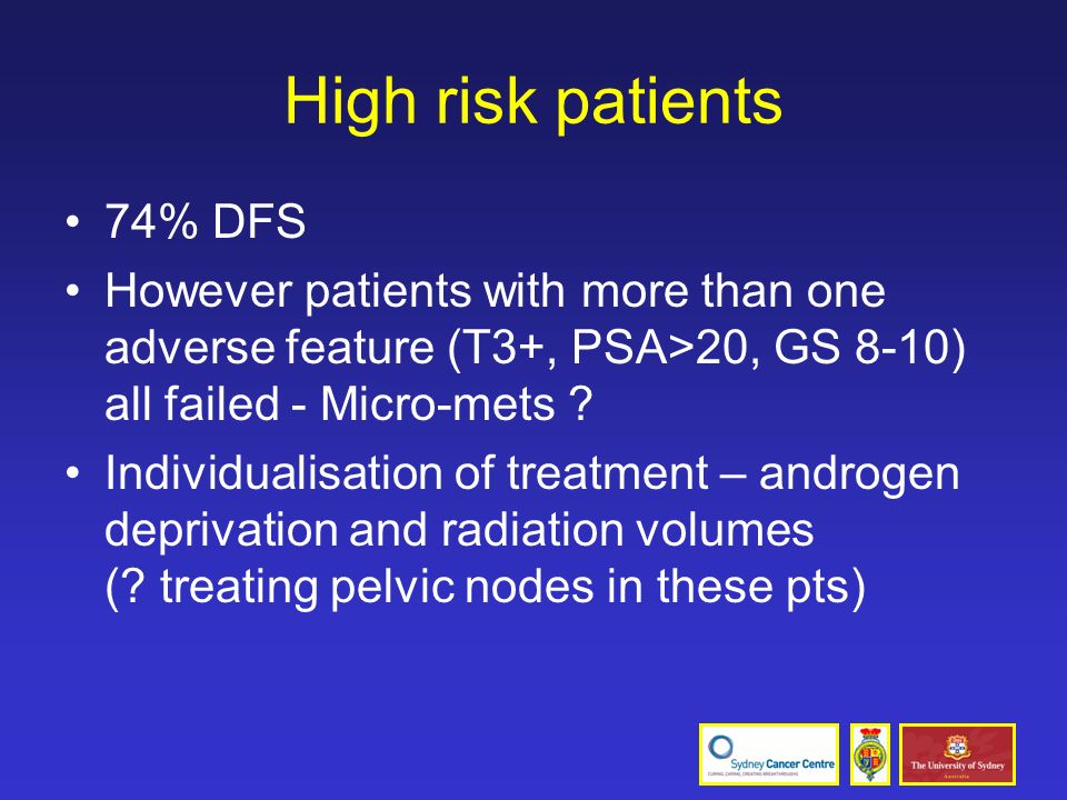 High risk patients 74% DFS However patients with more than one adverse feature (T3+, PSA>20, GS 8-10) all failed - Micro-mets .