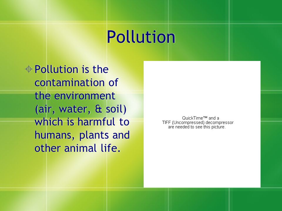 Pollution  Pollution is the contamination of the environment (air, water, & soil) which is harmful to humans, plants and other animal life.