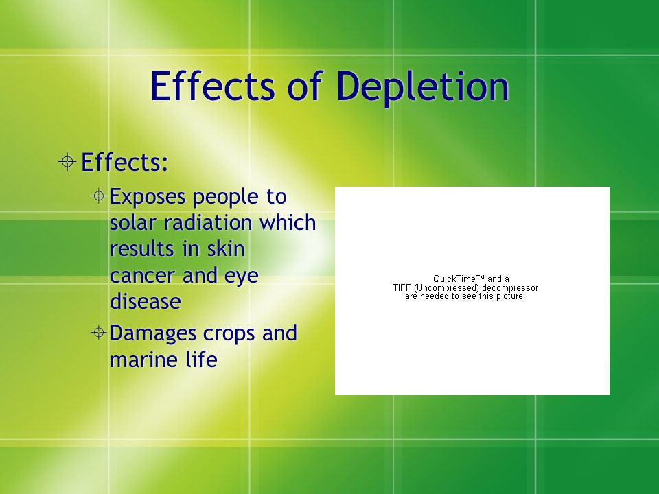 Effects of Depletion  Effects:  Exposes people to solar radiation which results in skin cancer and eye disease  Damages crops and marine life  Effects:  Exposes people to solar radiation which results in skin cancer and eye disease  Damages crops and marine life
