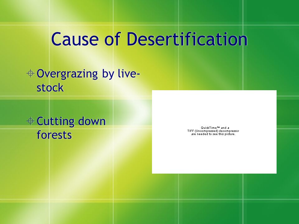 Cause of Desertification  Overgrazing by live- stock  Cutting down forests  Overgrazing by live- stock  Cutting down forests