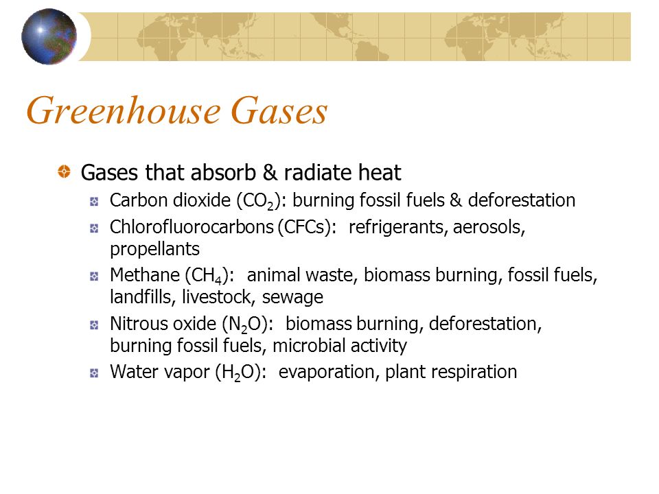 Greenhouse Gases Gases that absorb & radiate heat Carbon dioxide (CO 2 ): burning fossil fuels & deforestation Chlorofluorocarbons (CFCs): refrigerants, aerosols, propellants Methane (CH 4 ): animal waste, biomass burning, fossil fuels, landfills, livestock, sewage Nitrous oxide (N 2 O): biomass burning, deforestation, burning fossil fuels, microbial activity Water vapor (H 2 O): evaporation, plant respiration