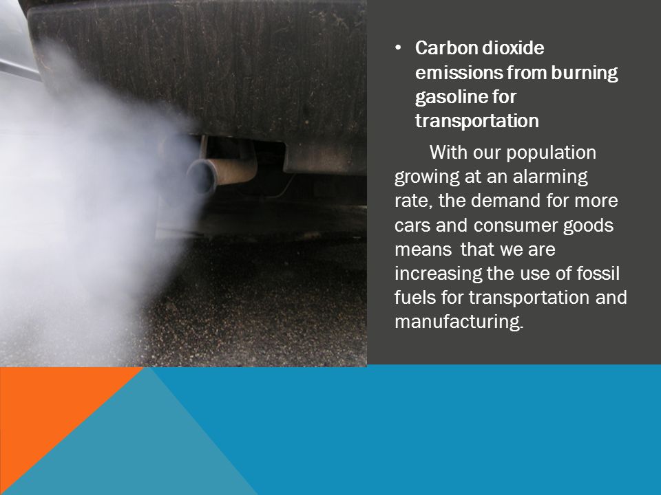 Carbon dioxide emissions from burning gasoline for transportation With our population growing at an alarming rate, the demand for more cars and consumer goods means that we are increasing the use of fossil fuels for transportation and manufacturing.